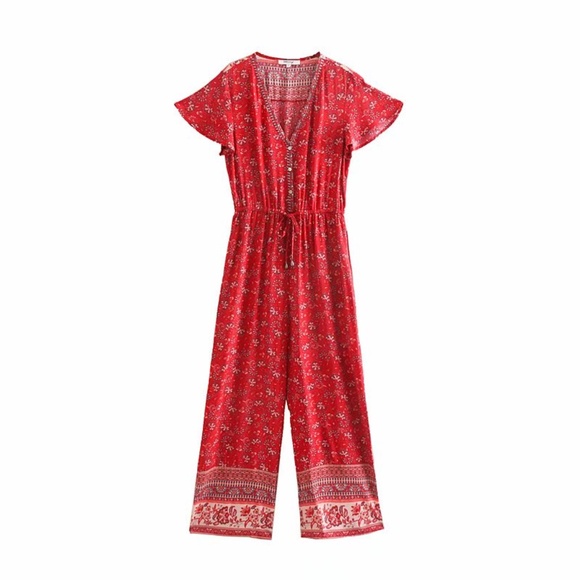 Boho gypsy Red floral v neck wide leg jumpsuit - Picture 9 of 9